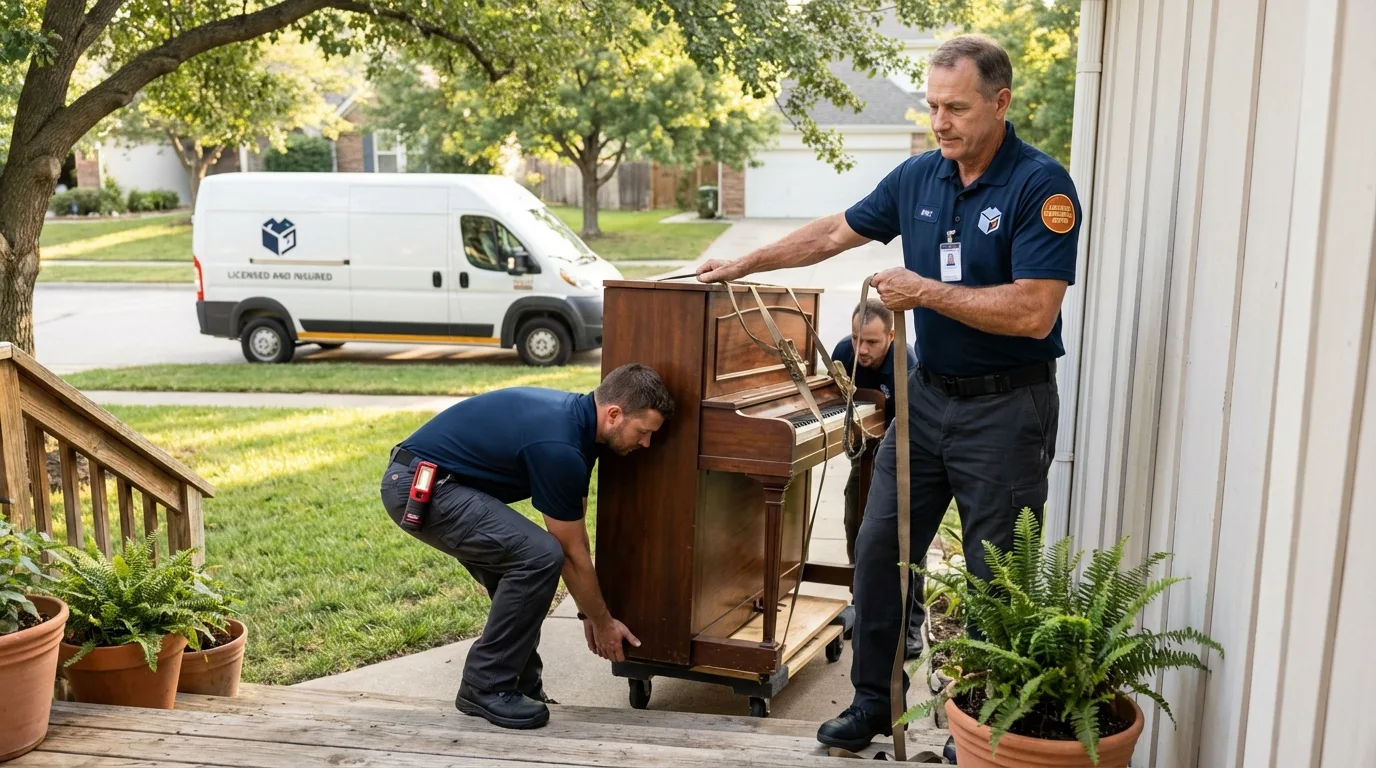 Licensed piano movers securing grand piano in Valley, AL