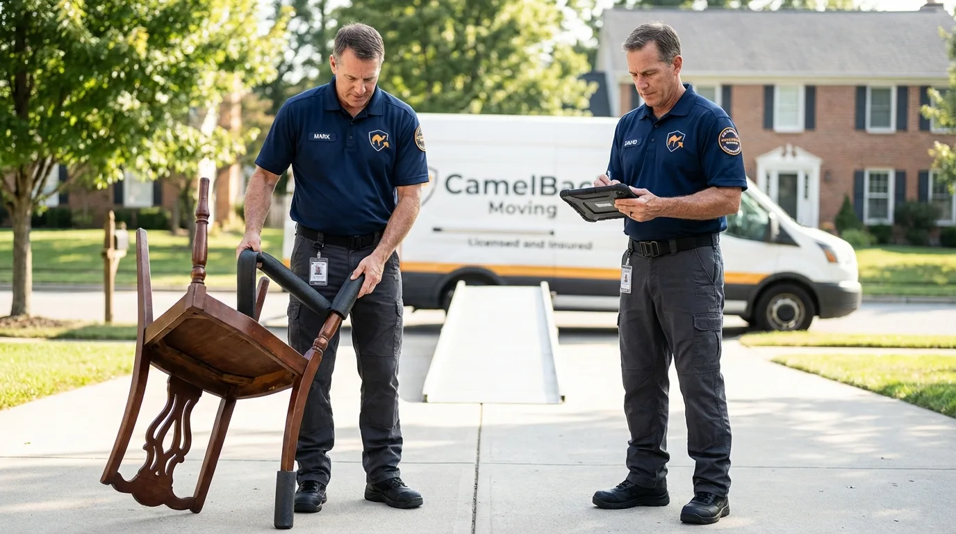 Movers inspecting furniture for damage prevention before loading in Valley, AL