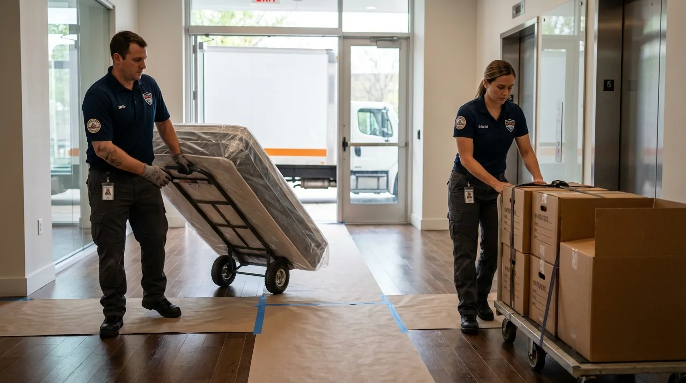 Professional apartment movers loading elevator in Valley, AL